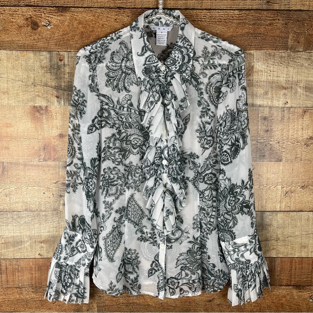 Cabi Catherine Ruffle Sheer Button Down Blouse Style# 731 Women’s Size Small
